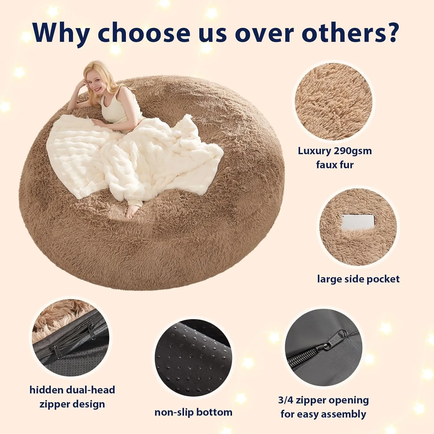 Fluffy Bean Bag for Stuffed Animals Storage, Faux Fur Washable Bean Bag Chair Cover(No Filler) for Textile Plush Toys, Beanbag Chair Cover for Adults Kids Teens, 5FT, Khaki