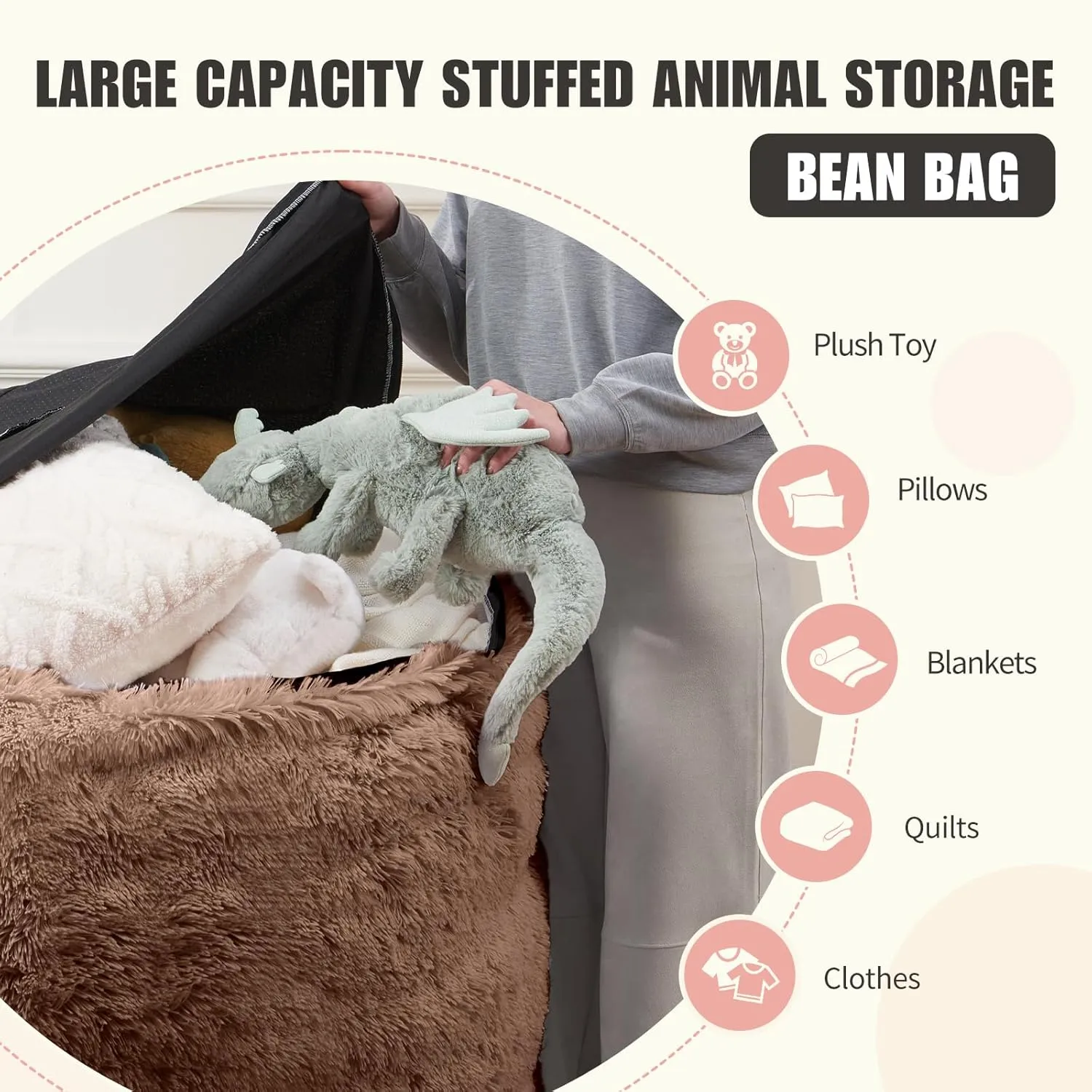 Fluffy Bean Bag for Stuffed Animals Storage, Faux Fur Washable Bean Bag Chair Cover(No Filler) for Textile Plush Toys, Beanbag Chair Cover for Adults Kids Teens, 5FT, Khaki