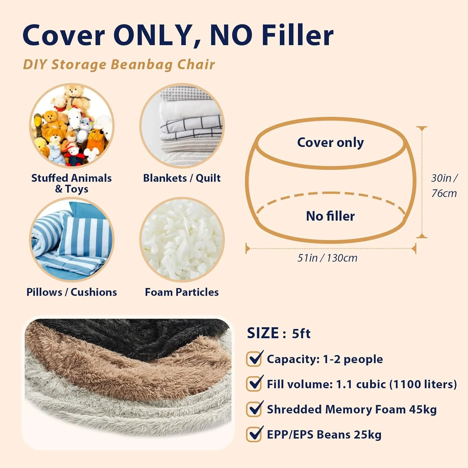 Fluffy Bean Bag for Stuffed Animals Storage, Faux Fur Washable Bean Bag Chair Cover(No Filler) for Textile Plush Toys, Beanbag Chair Cover for Adults Kids Teens, 5FT, Khaki