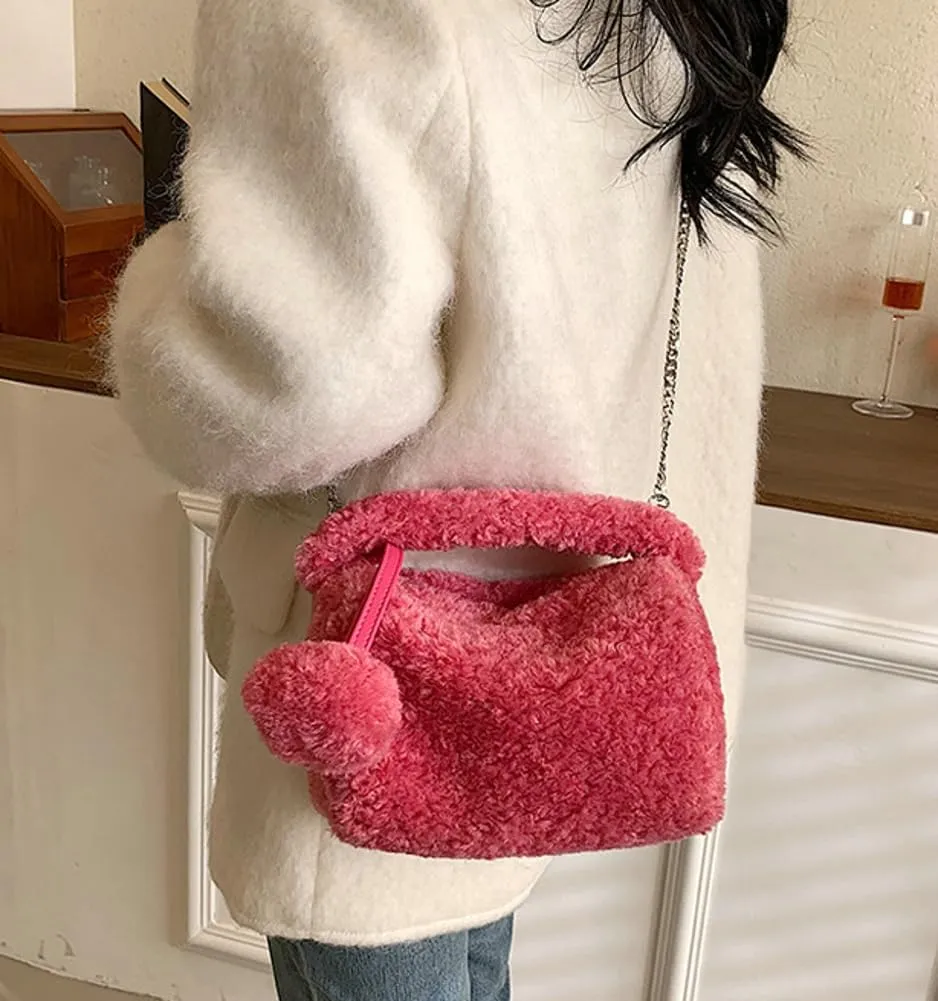 Fluffy Faux Fur Purses for Women Cute Furry Crossbody Shoulder Bags Small Fuzzy Tote Bag Handbag with Chain