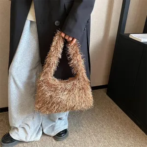 Fluffy Shoulder Hobo Bag Handbag and Purse Women Y2K Fuzzy Soft Plush Underarm Tote Bag