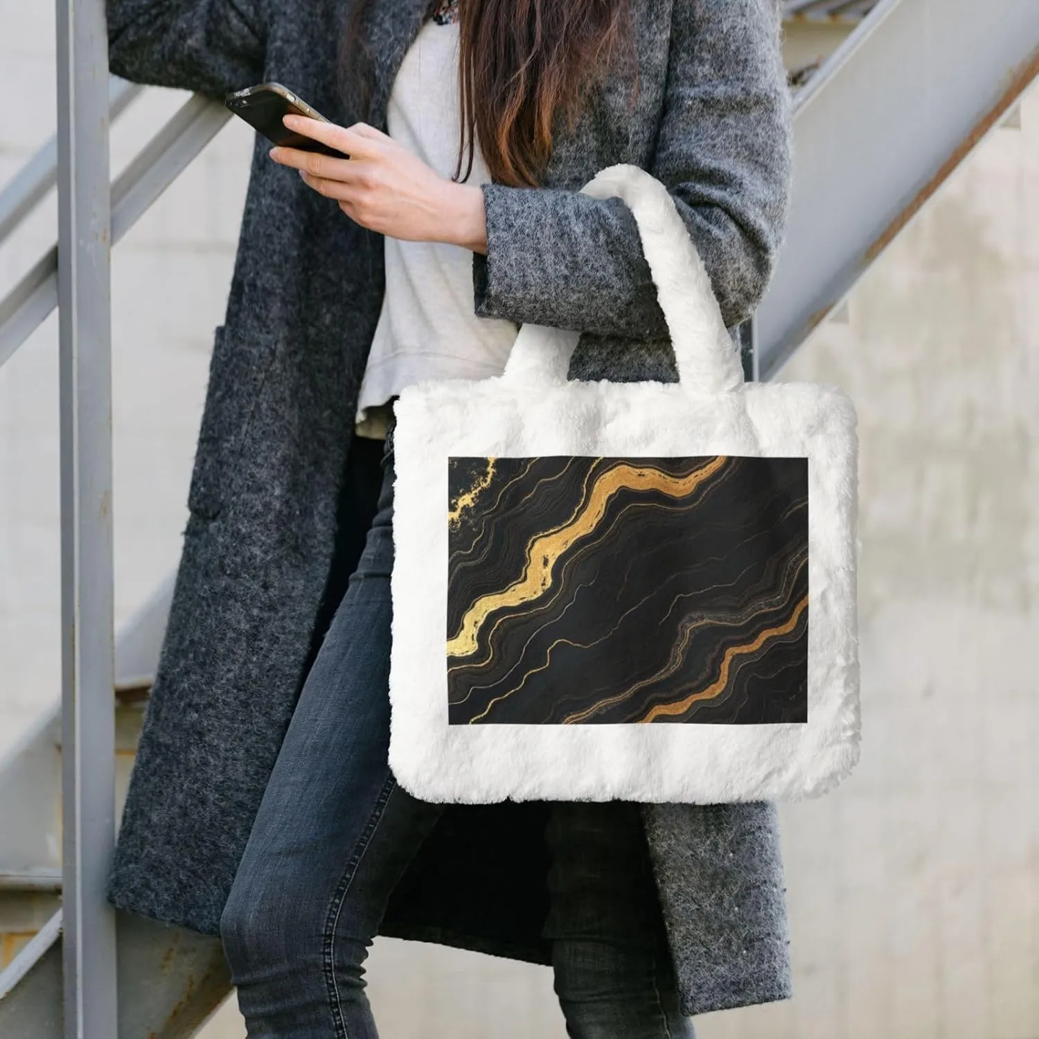 Fluffy Tote Bag for Women, Cute Fuzzy Tote Handbag Faux Fur Bag Furry Purse