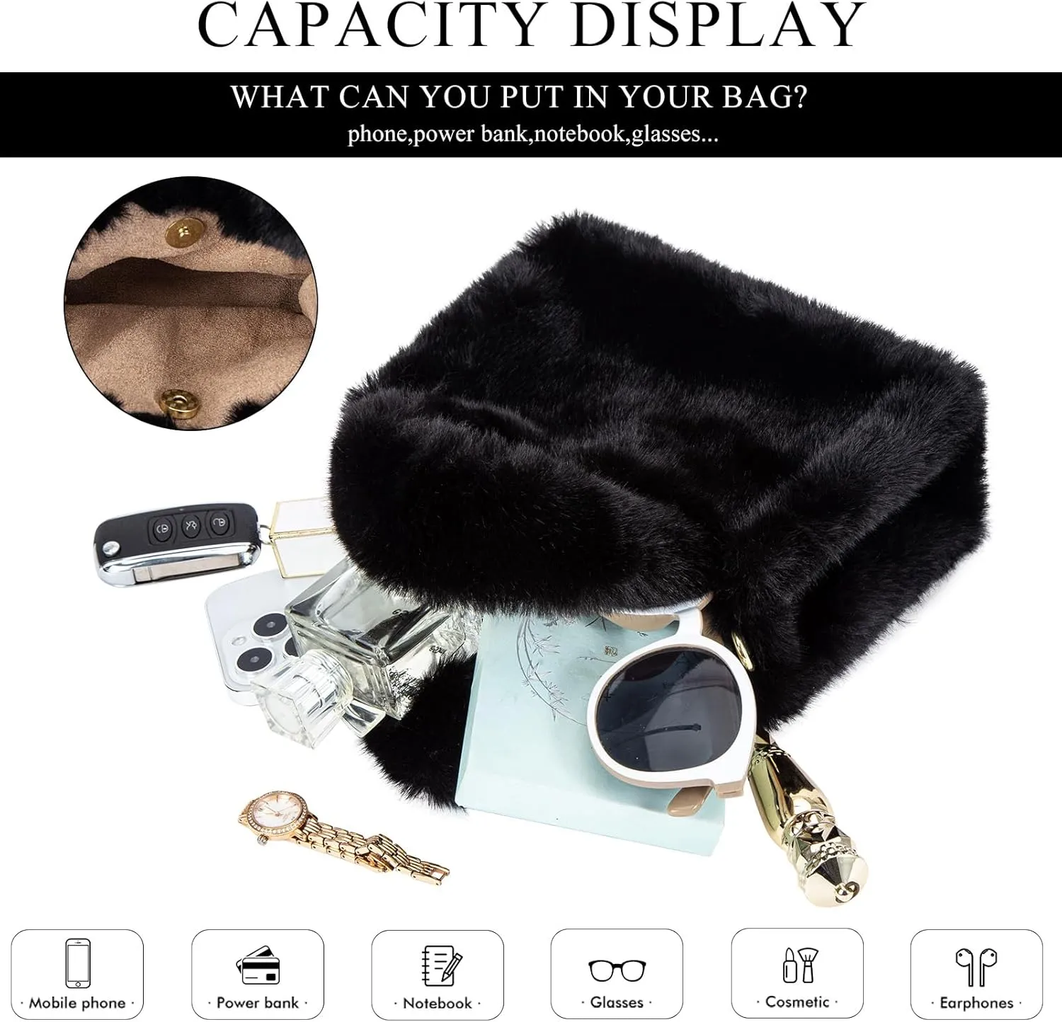 Fluffy Tote Bag Mini Faux Fur Purses for Women Winter Fuzzy Tote Soft Furry Crossbody Handbag Plush Bags