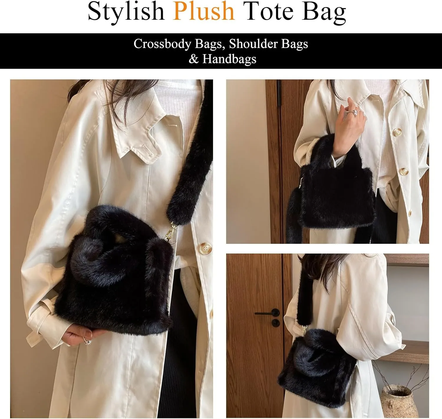 Fluffy Tote Bag Mini Faux Fur Purses for Women Winter Fuzzy Tote Soft Furry Crossbody Handbag Plush Bags
