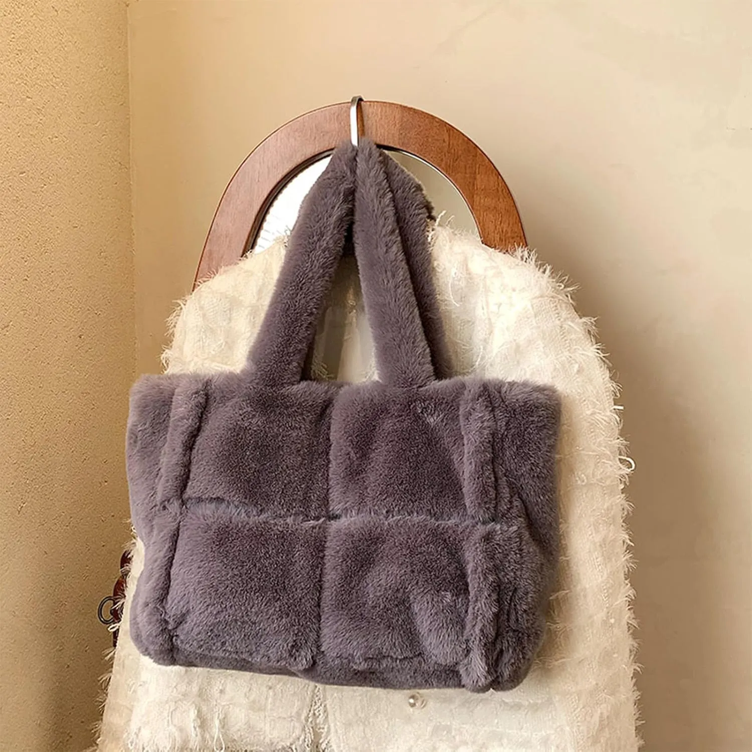 Fluffy Tote Bags Winter Furry Purse for Women Y2K Faux Fur Bag Fuzzy Shoulder Handbag