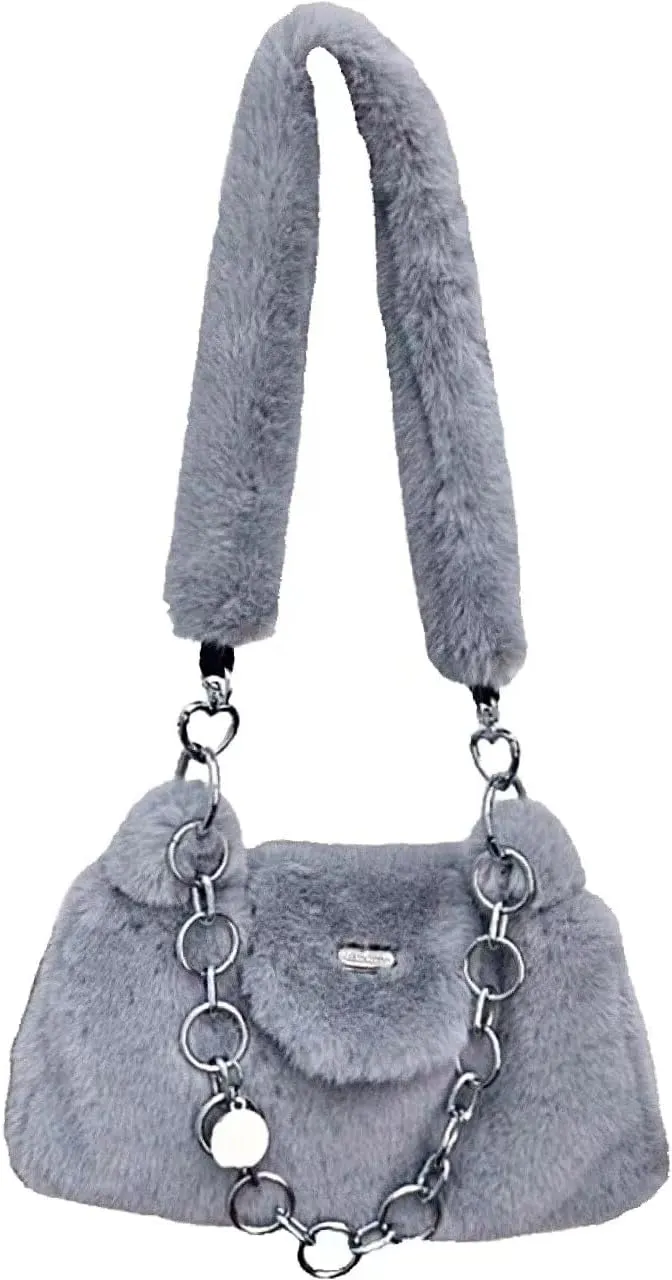Fluffy Underarm Bag Soft Cloud Bag Cute Furry Purse Handbags with Chain Fluffy Fuzzy Shoulder Bag for Women Girls