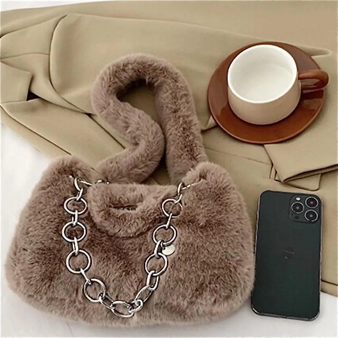 Fluffy Underarm Bag Soft Cloud Bag Cute Furry Purse Handbags with Chain Fluffy Fuzzy Shoulder Bag for Women Girls