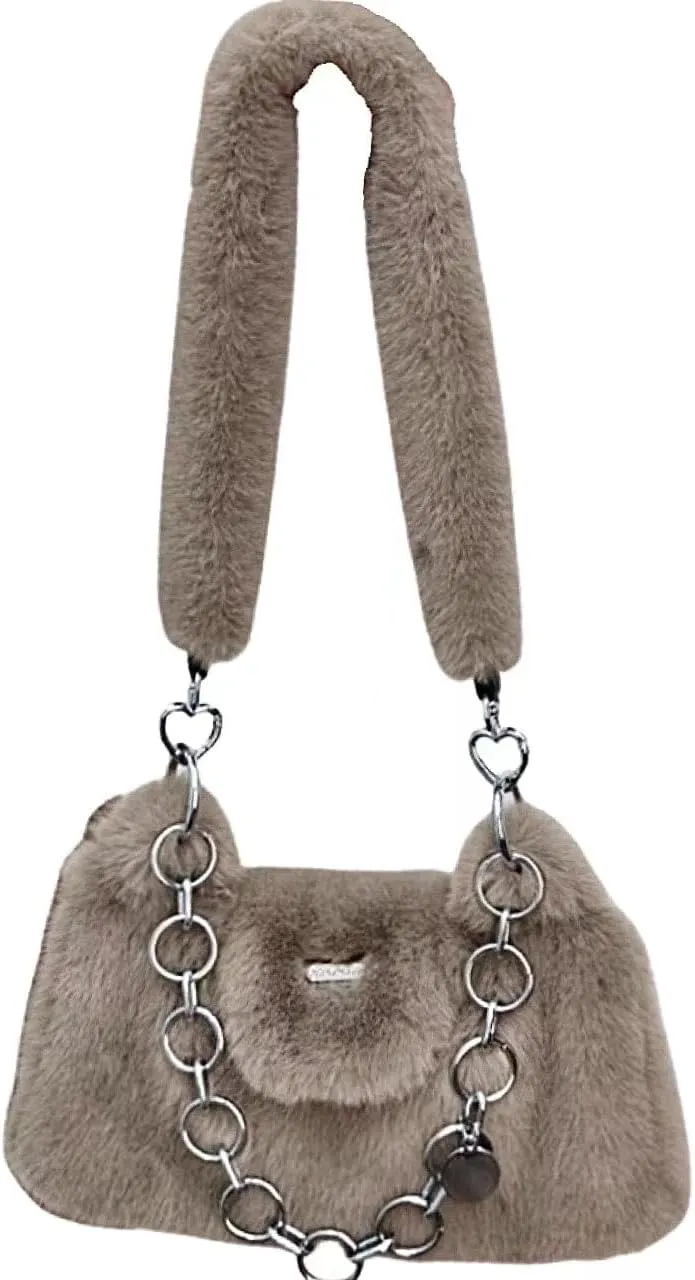 Fluffy Underarm Bag Soft Cloud Bag Cute Furry Purse Handbags with Chain Fluffy Fuzzy Shoulder Bag for Women Girls