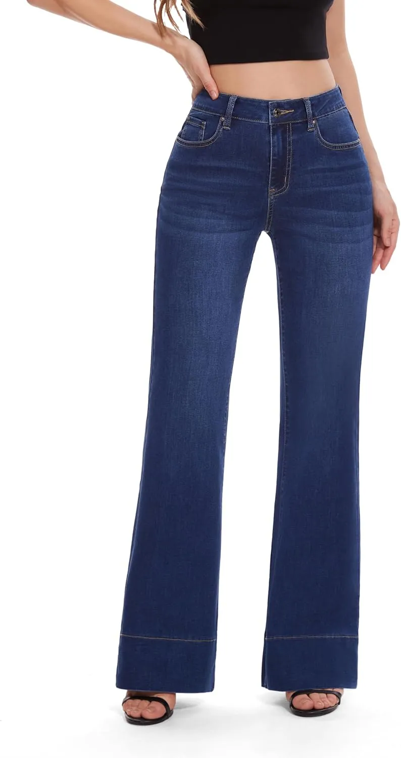 FLYING BANANA Women's Flare High Waisted Bell Bottom Wide Leg Baggy Stretch Denim Jeans