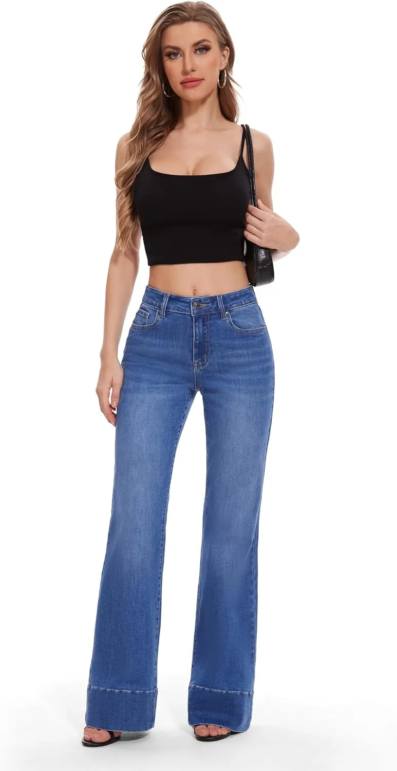 FLYING BANANA Women's Flare High Waisted Bell Bottom Wide Leg Baggy Stretch Denim Jeans