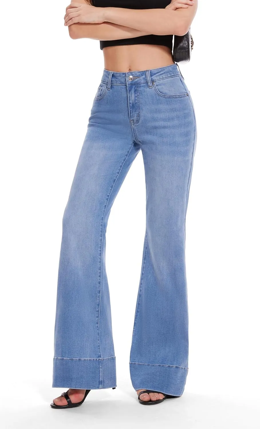 FLYING BANANA Women's Flare High Waisted Bell Bottom Wide Leg Baggy Stretch Denim Jeans