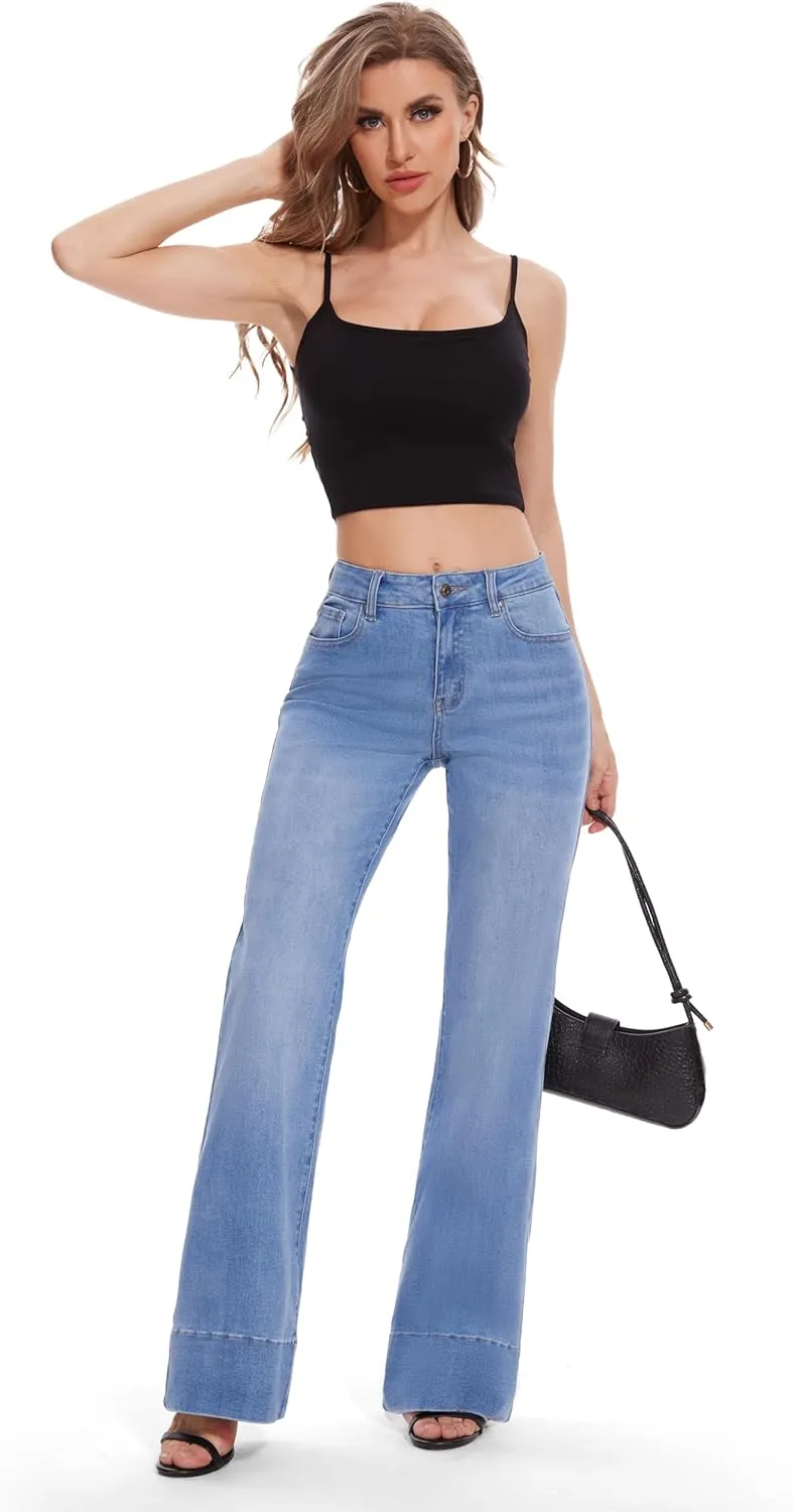 FLYING BANANA Women's Flare High Waisted Bell Bottom Wide Leg Baggy Stretch Denim Jeans