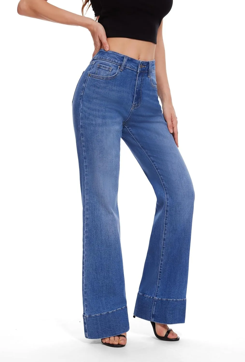 FLYING BANANA Women's Flare High Waisted Bell Bottom Wide Leg Baggy Stretch Denim Jeans