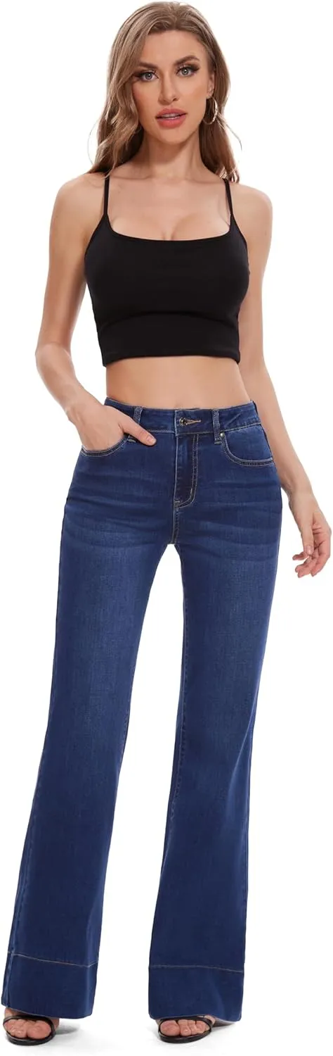 FLYING BANANA Women's Flare High Waisted Bell Bottom Wide Leg Baggy Stretch Denim Jeans