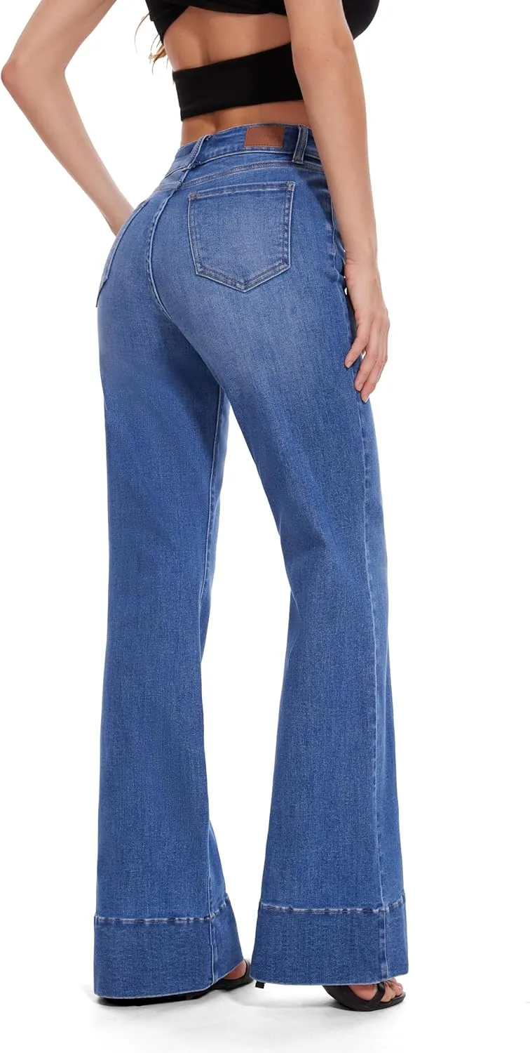 FLYING BANANA Women's Flare High Waisted Bell Bottom Wide Leg Baggy Stretch Denim Jeans