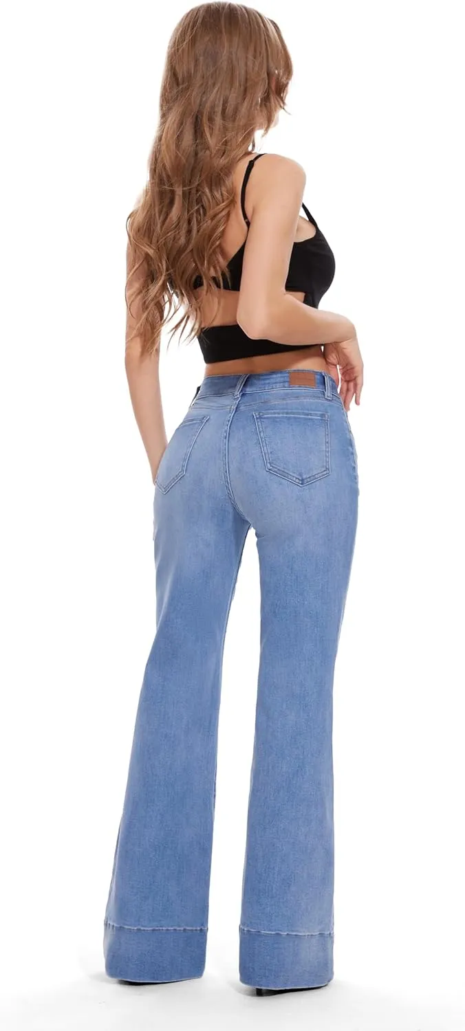 FLYING BANANA Women's Flare High Waisted Bell Bottom Wide Leg Baggy Stretch Denim Jeans