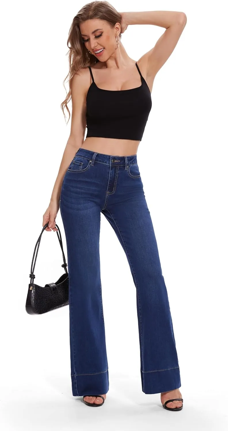 FLYING BANANA Women's Flare High Waisted Bell Bottom Wide Leg Baggy Stretch Denim Jeans
