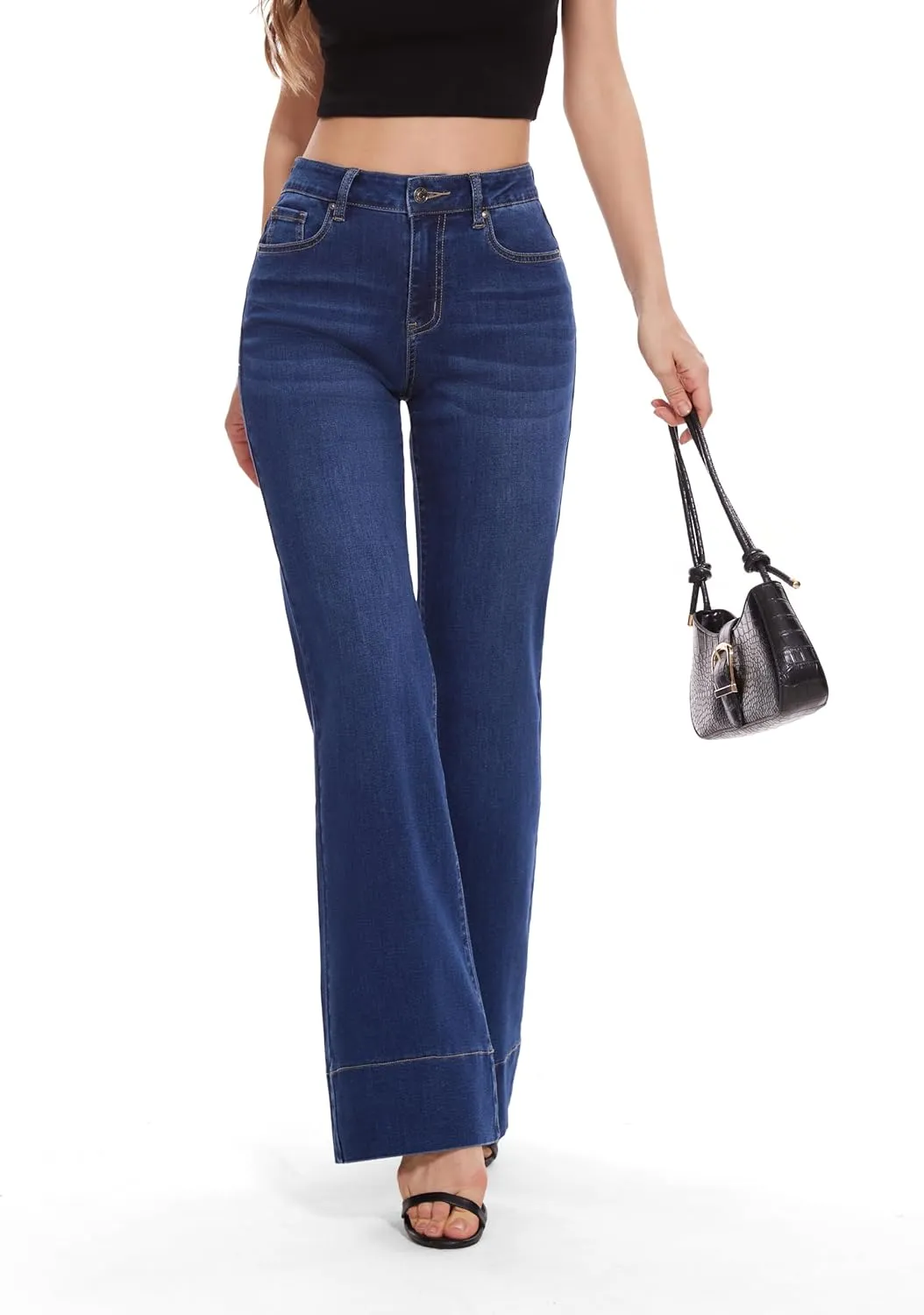 FLYING BANANA Women's Flare High Waisted Bell Bottom Wide Leg Baggy Stretch Denim Jeans
