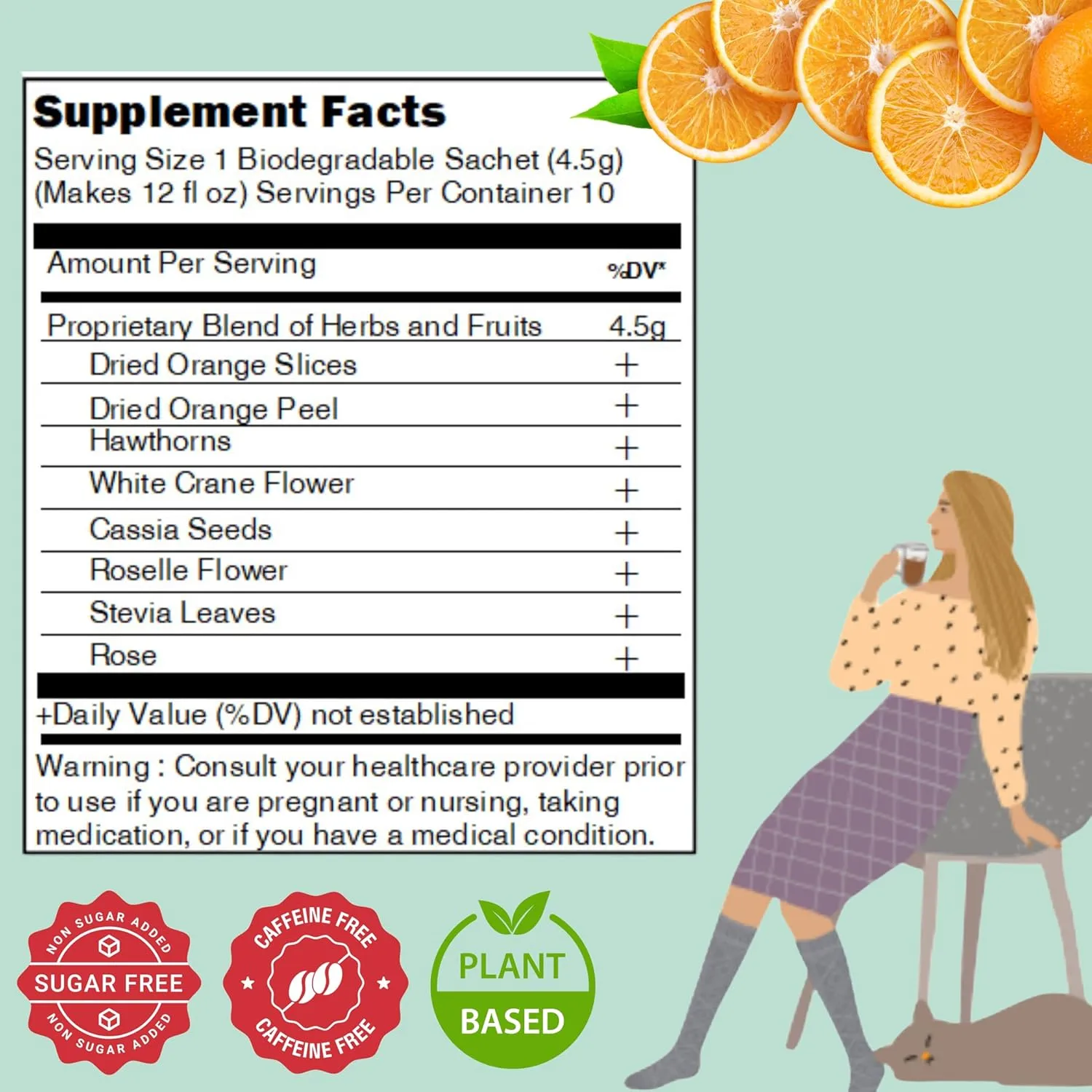 FOODHO Fruit Herbal Blend Functional Tea for Digestion with Orange, Hawthorn, Roselle, Rose, Caffeine Free Tea, No Sugar, Hot or Iced Refreshingly Fruity, 10 Decaf Tea Bags