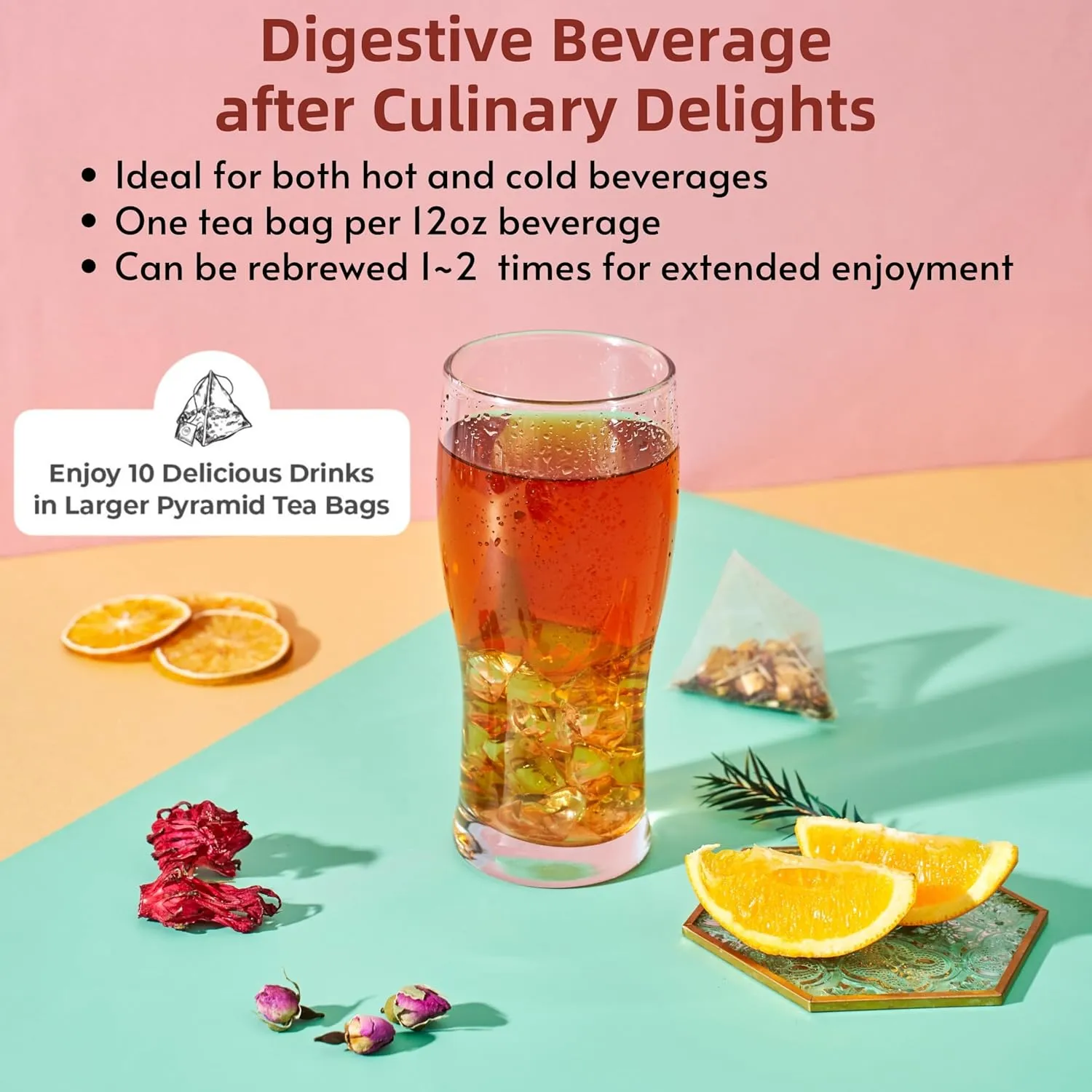 FOODHO Fruit Herbal Blend Functional Tea for Digestion with Orange, Hawthorn, Roselle, Rose, Caffeine Free Tea, No Sugar, Hot or Iced Refreshingly Fruity, 10 Decaf Tea Bags