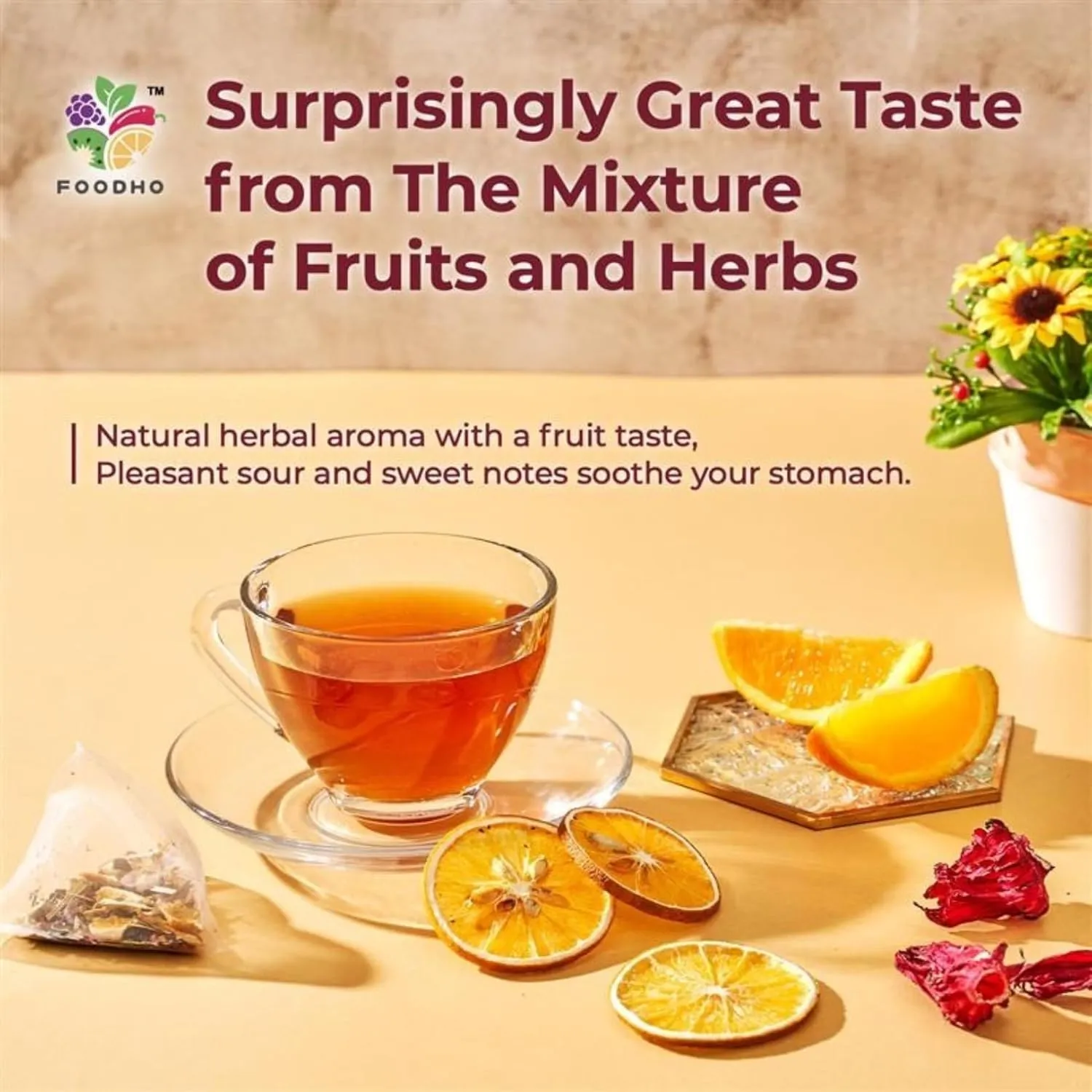 FOODHO Fruit Herbal Blend Functional Tea for Digestion with Orange, Hawthorn, Roselle, Rose, Caffeine Free Tea, No Sugar, Hot or Iced Refreshingly Fruity, 10 Decaf Tea Bags