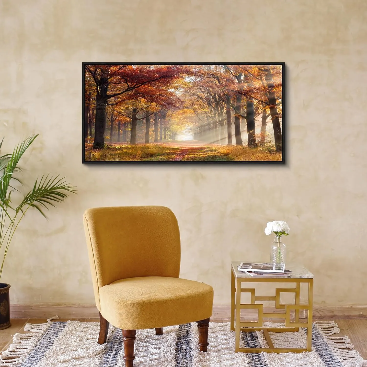 Forest Framed Canvas Wall Art - Sunset Woodland Picture Yellow Landscape Artwork Large Nature Scenery Prints for Bedroom Living Room