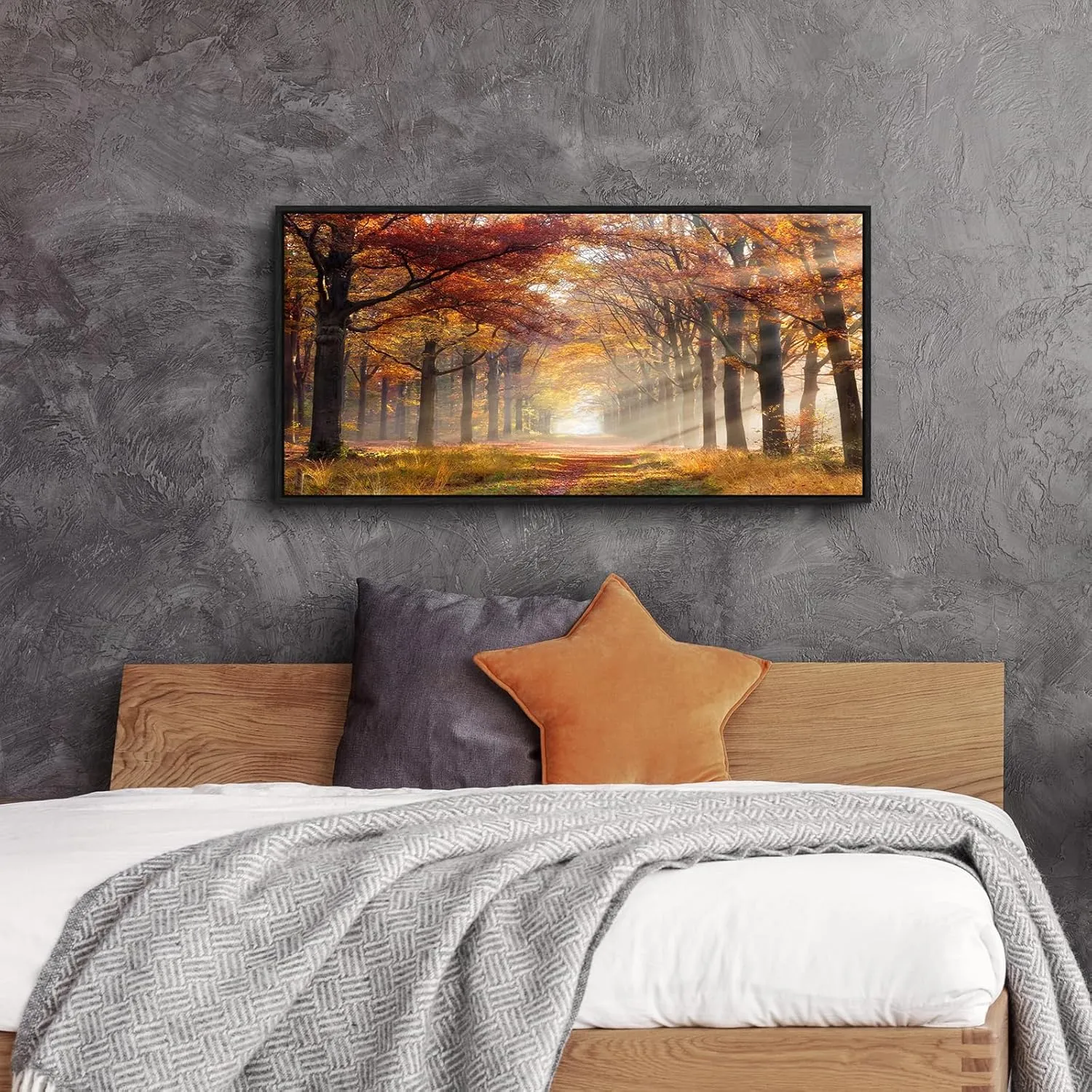 Forest Framed Canvas Wall Art - Sunset Woodland Picture Yellow Landscape Artwork Large Nature Scenery Prints for Bedroom Living Room