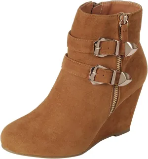Forever Link Women's Ankle Strappy Buckle Zipper Wrapped Wedge Ankle Bootie