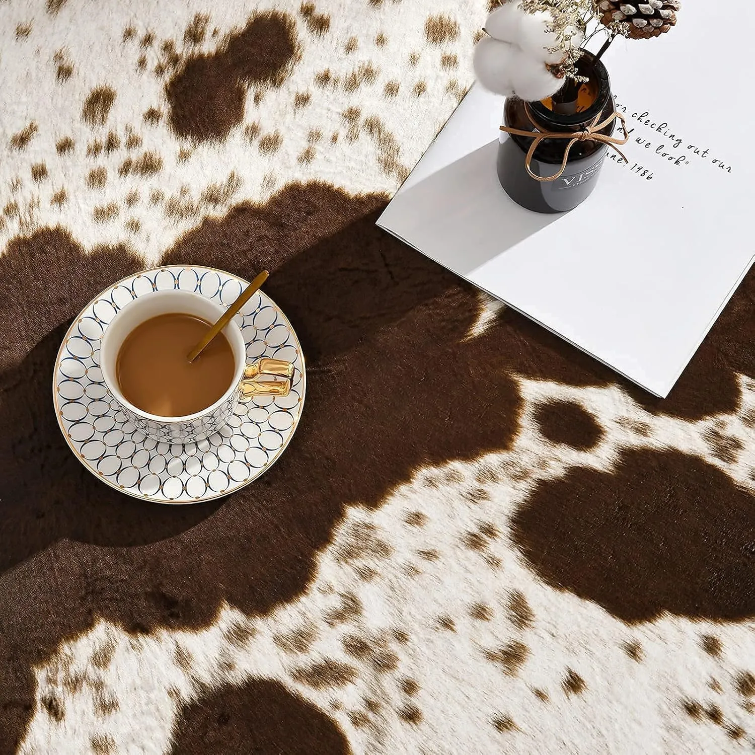 Foxmas Faux Cowhide Rug 4.6x5.2 Feet Cow Print Rugs for Bedroom Living Room, Western Home Decor Cow Hide Animal Rug, Cow Print Western Rugs, Faux Fur Fabric Rug Animal Print Carpet