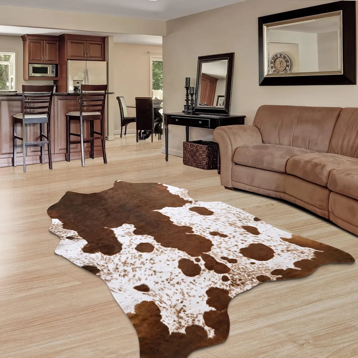 Foxmas Faux Cowhide Rug 4.6x5.2 Feet Cow Print Rugs for Bedroom Living Room, Western Home Decor Cow Hide Animal Rug, Cow Print Western Rugs, Faux Fur Fabric Rug Animal Print Carpet