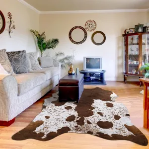 Foxmas Faux Cowhide Rug 4.6x5.2 Feet Cow Print Rugs for Bedroom Living Room, Western Home Decor Cow Hide Animal Rug, Cow Print Western Rugs, Faux Fur Fabric Rug Animal Print Carpet