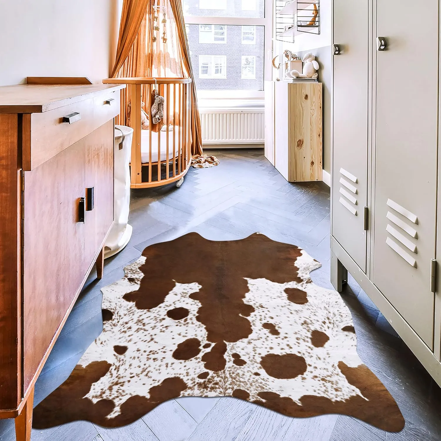 Foxmas Faux Cowhide Rug 4.6x5.2 Feet Cow Print Rugs for Bedroom Living Room, Western Home Decor Cow Hide Animal Rug, Cow Print Western Rugs, Faux Fur Fabric Rug Animal Print Carpet
