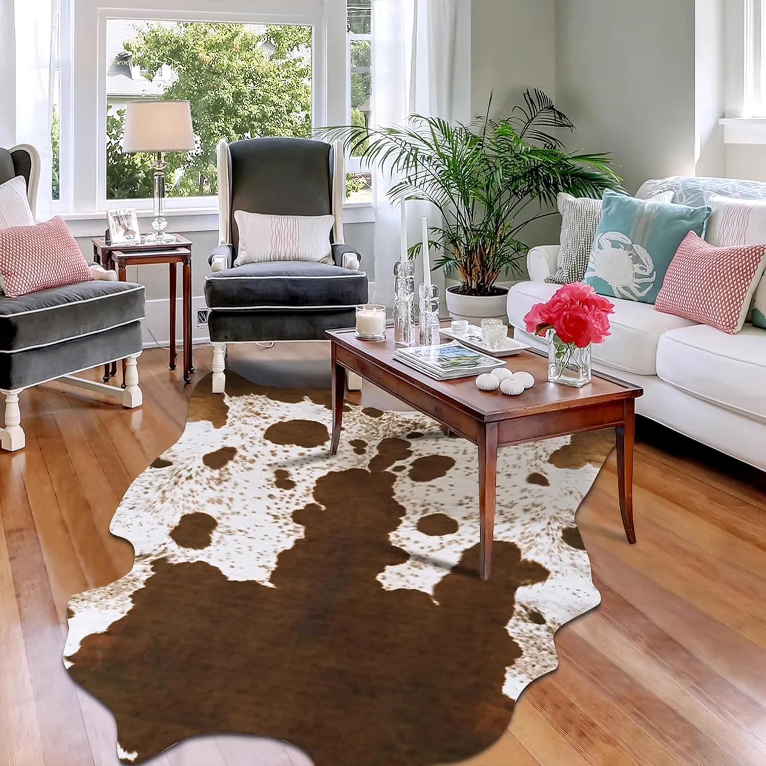 Foxmas Faux Cowhide Rug 4.6x5.2 Feet Cow Print Rugs for Bedroom Living Room, Western Home Decor Cow Hide Animal Rug, Cow Print Western Rugs, Faux Fur Fabric Rug Animal Print Carpet