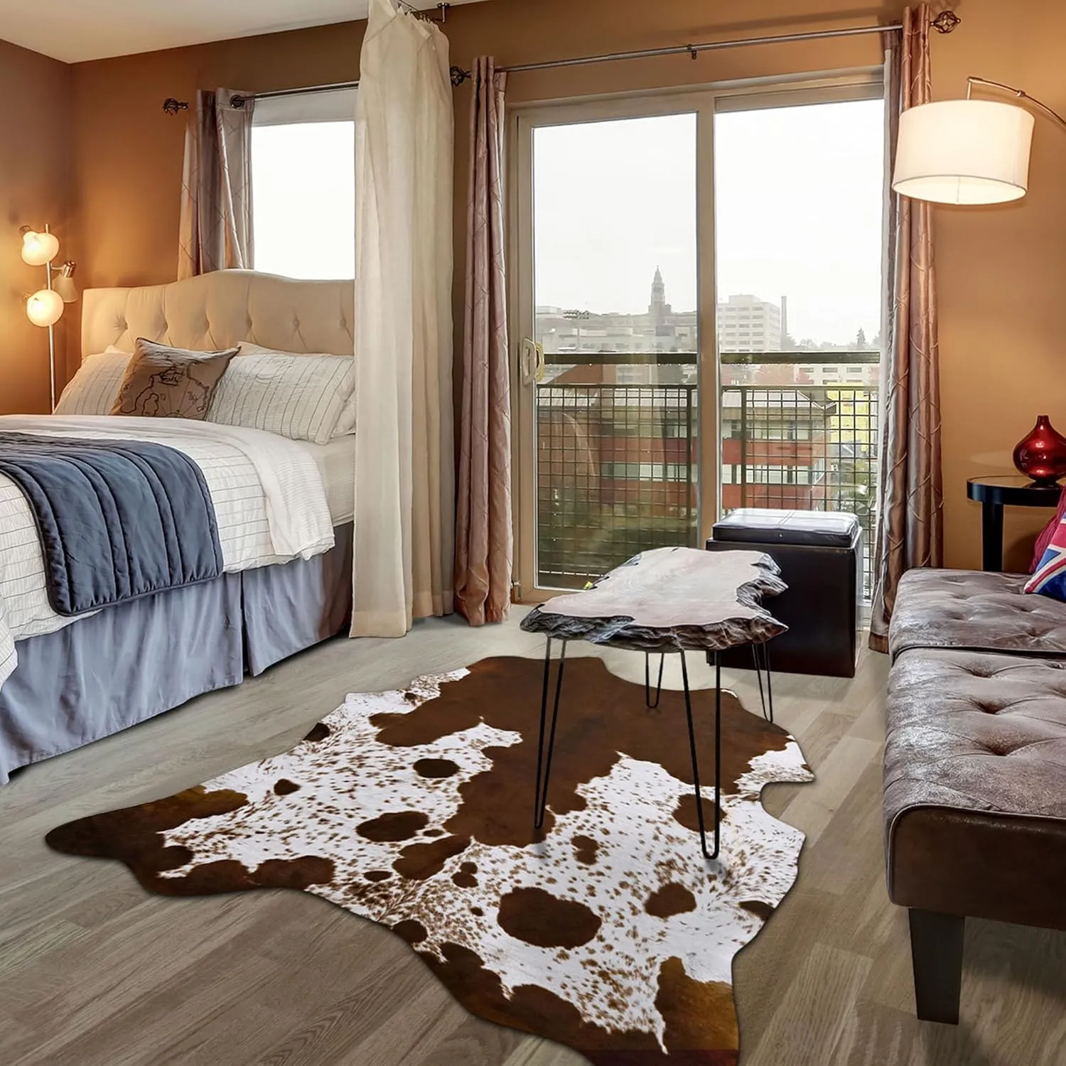 Foxmas Faux Cowhide Rug 4.6x5.2 Feet Cow Print Rugs for Bedroom Living Room, Western Home Decor Cow Hide Animal Rug, Cow Print Western Rugs, Faux Fur Fabric Rug Animal Print Carpet