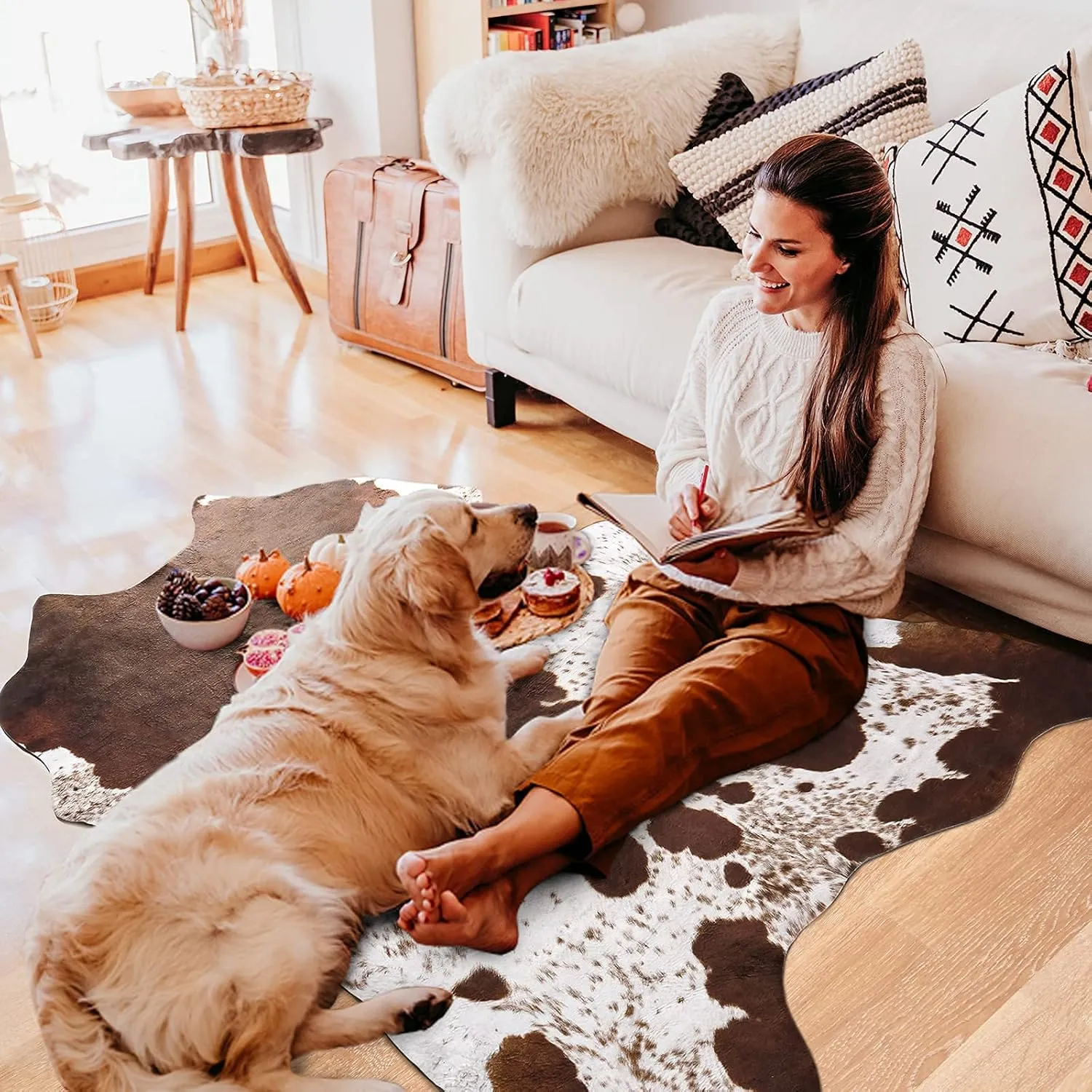 Foxmas Faux Cowhide Rug 4.6x5.2 Feet Cow Print Rugs for Bedroom Living Room, Western Home Decor Cow Hide Animal Rug, Cow Print Western Rugs, Faux Fur Fabric Rug Animal Print Carpet