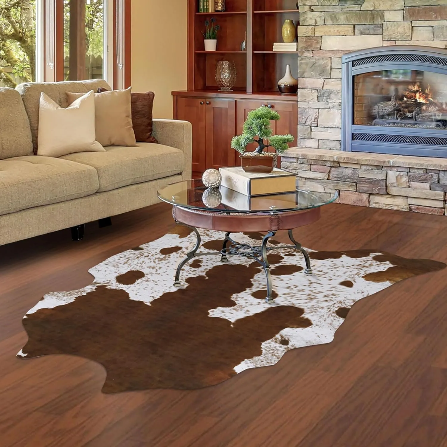 Foxmas Faux Cowhide Rug 4.6x5.2 Feet Cow Print Rugs for Bedroom Living Room, Western Home Decor Cow Hide Animal Rug, Cow Print Western Rugs, Faux Fur Fabric Rug Animal Print Carpet