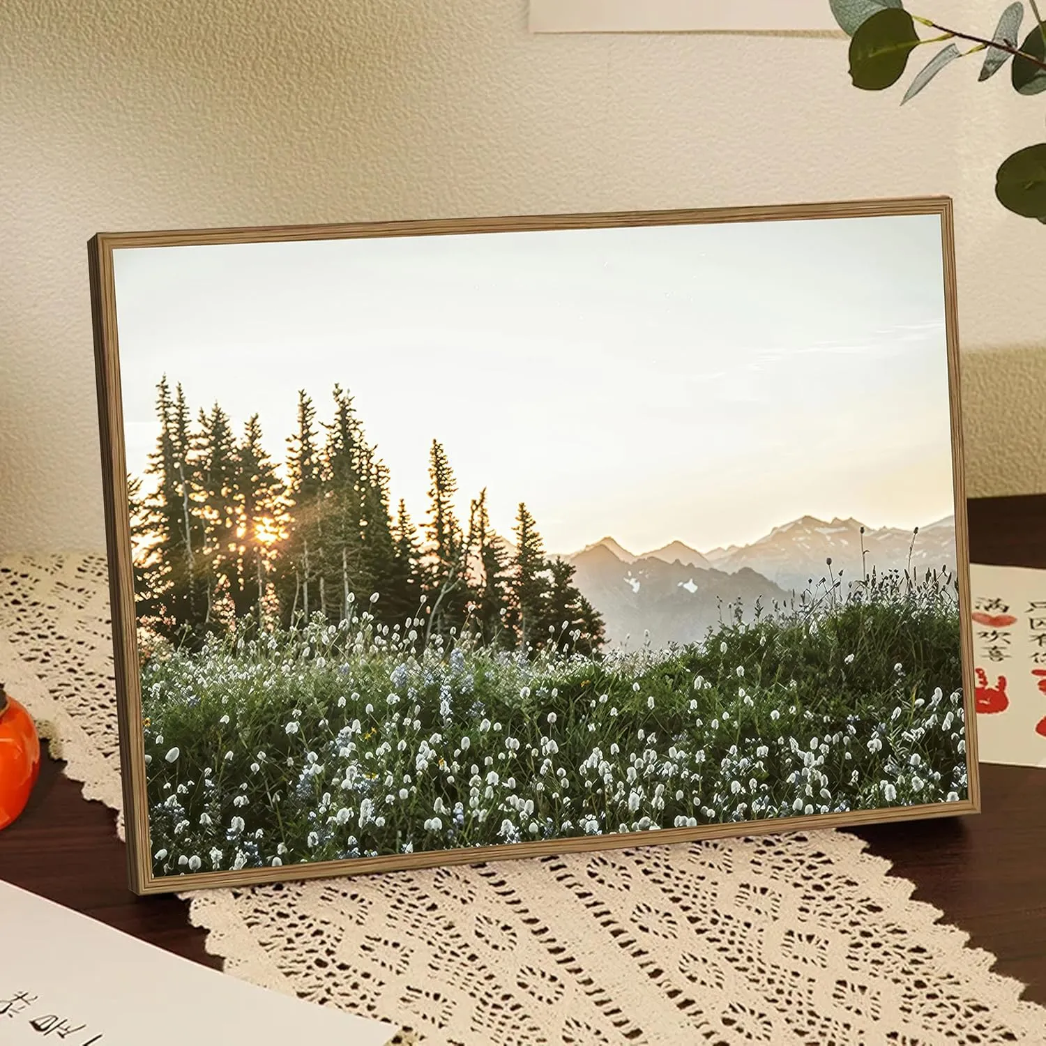 Framed Nature Forest Wildflower Wall Art Rustic Landscape Canvas Picture Prints with Botanical Mountain Sunrise Photography Picture for Living Room Bedroom Dining Room Farmhouse Deco12x16Inch