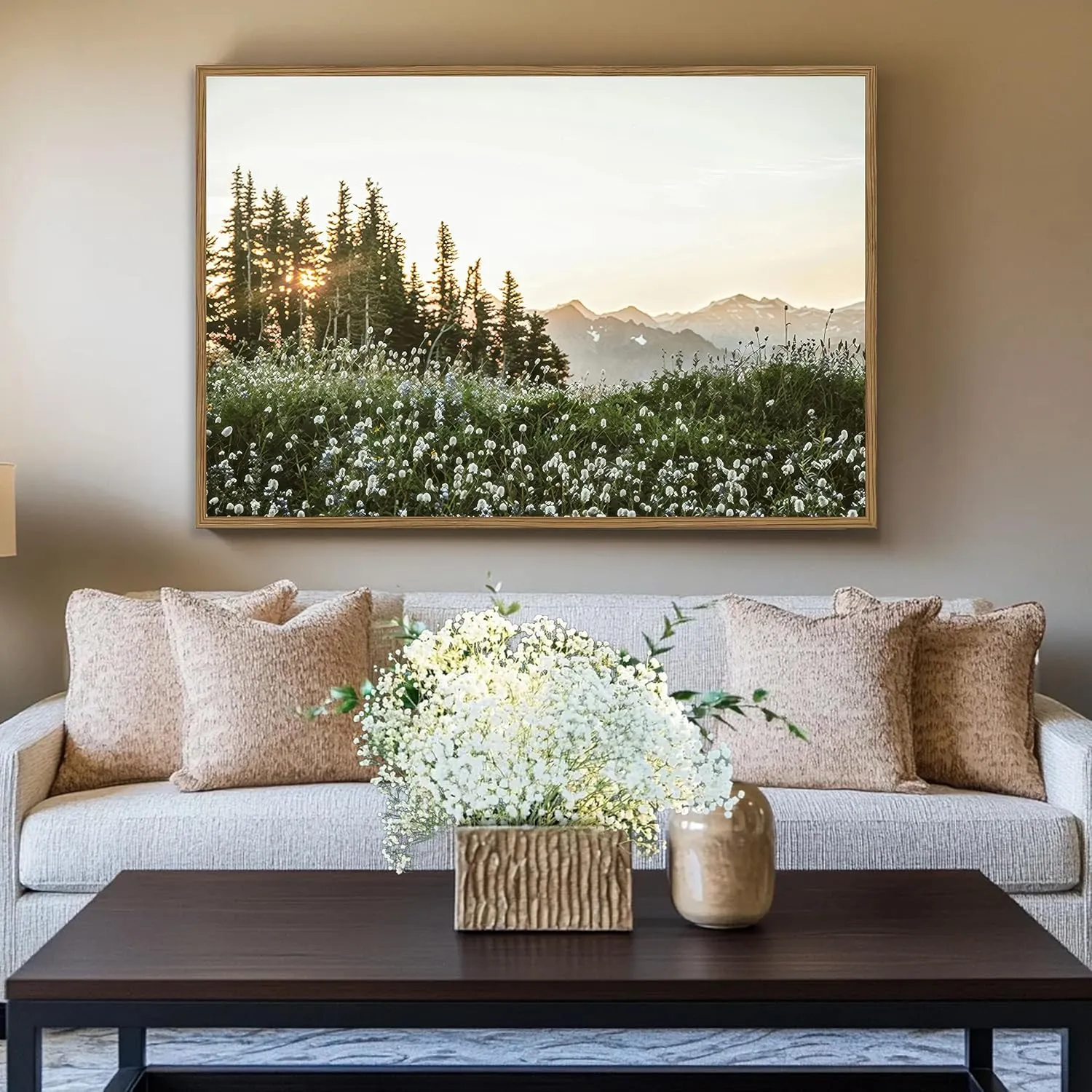 Framed Nature Forest Wildflower Wall Art Rustic Landscape Canvas Picture Prints with Botanical Mountain Sunrise Photography Picture for Living Room Bedroom Dining Room Farmhouse Deco12x16Inch