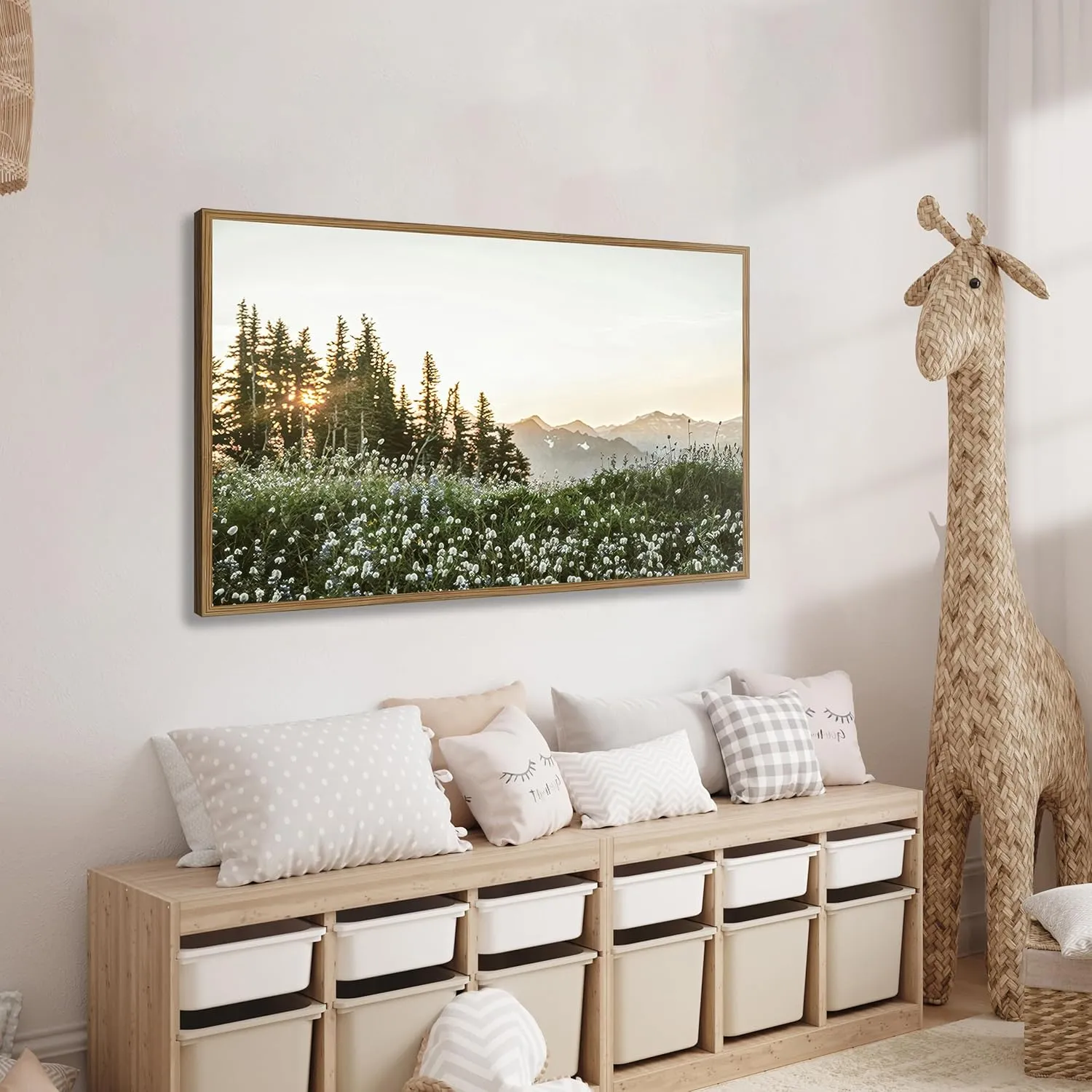 Framed Nature Forest Wildflower Wall Art Rustic Landscape Canvas Picture Prints with Botanical Mountain Sunrise Photography Picture for Living Room Bedroom Dining Room Farmhouse Deco12x16Inch