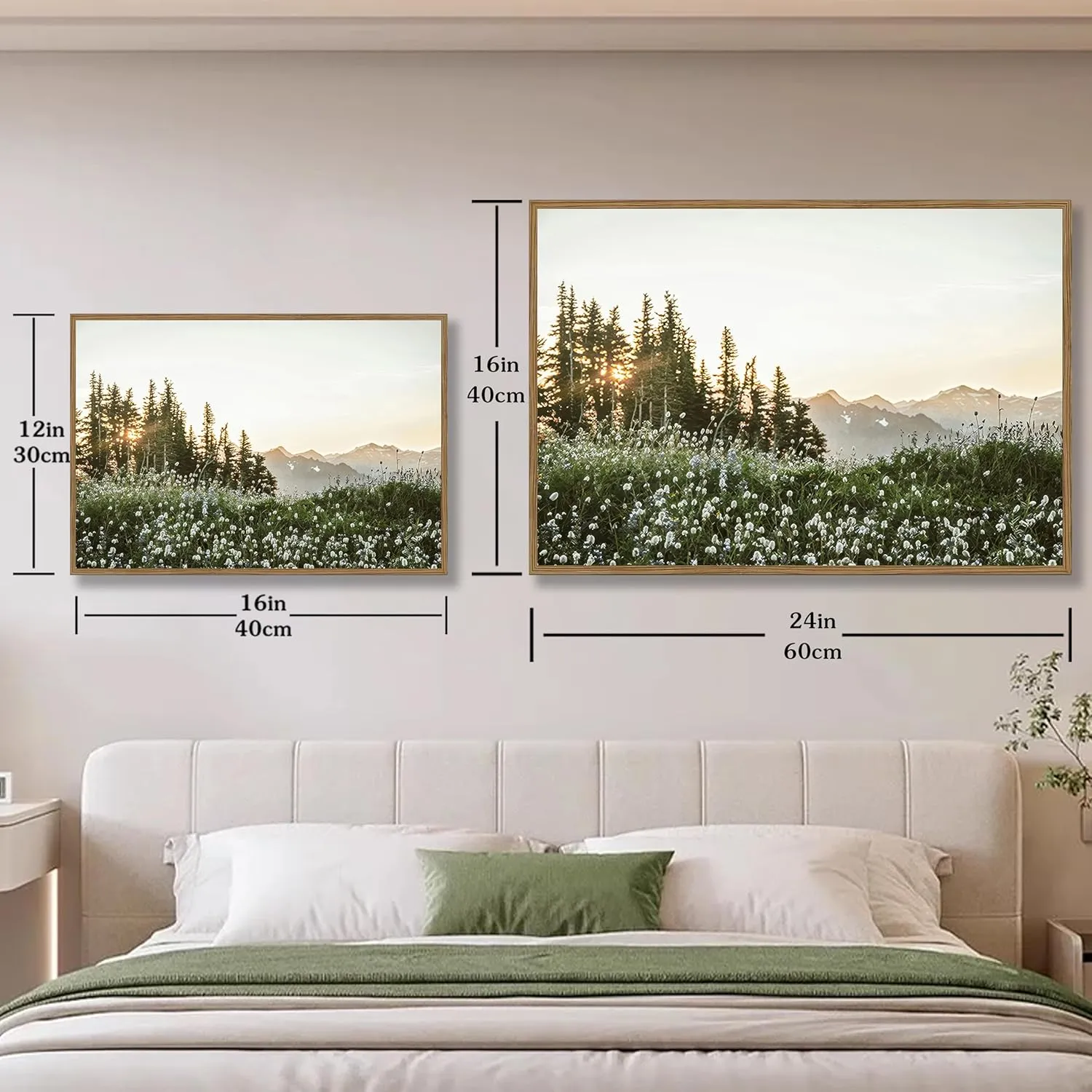 Framed Nature Forest Wildflower Wall Art Rustic Landscape Canvas Picture Prints with Botanical Mountain Sunrise Photography Picture for Living Room Bedroom Dining Room Farmhouse Deco12x16Inch