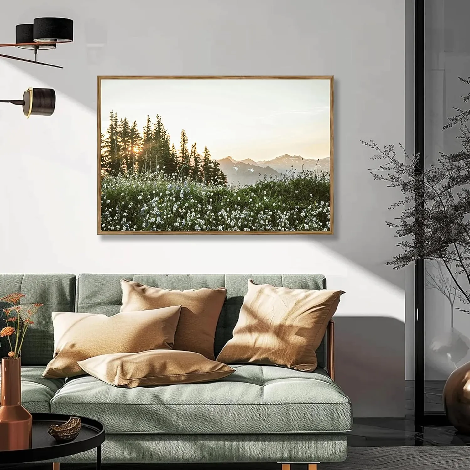 Framed Nature Forest Wildflower Wall Art Rustic Landscape Canvas Picture Prints with Botanical Mountain Sunrise Photography Picture for Living Room Bedroom Dining Room Farmhouse Deco12x16Inch