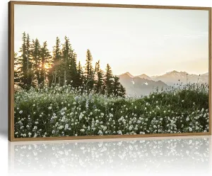 Framed Nature Forest Wildflower Wall Art Rustic Landscape Canvas Picture Prints with Botanical Mountain Sunrise Photography Picture for Living Room Bedroom Dining Room Farmhouse Deco12x16Inch