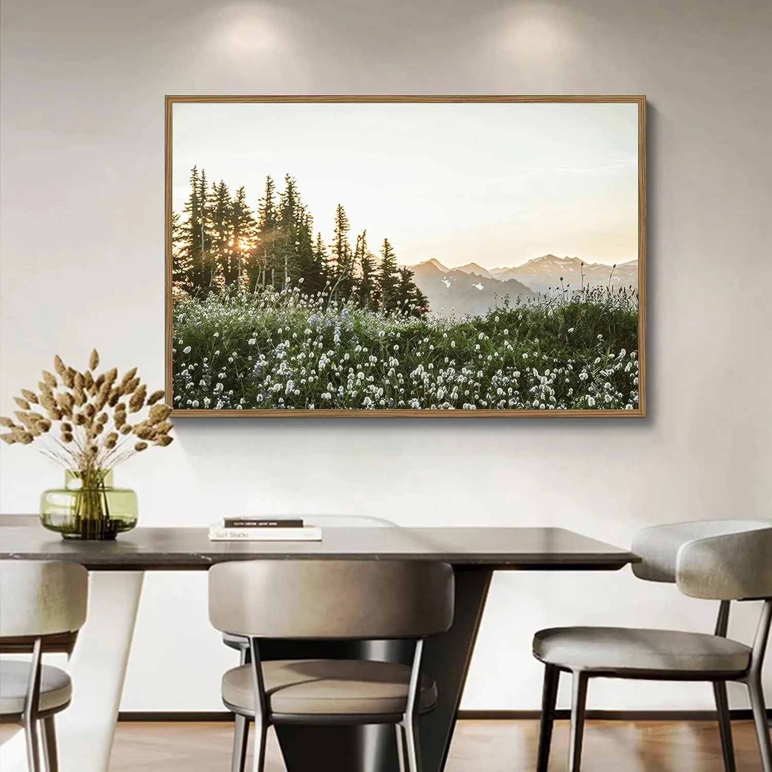 Framed Nature Forest Wildflower Wall Art Rustic Landscape Canvas Picture Prints with Botanical Mountain Sunrise Photography Picture for Living Room Bedroom Dining Room Farmhouse Deco12x16Inch