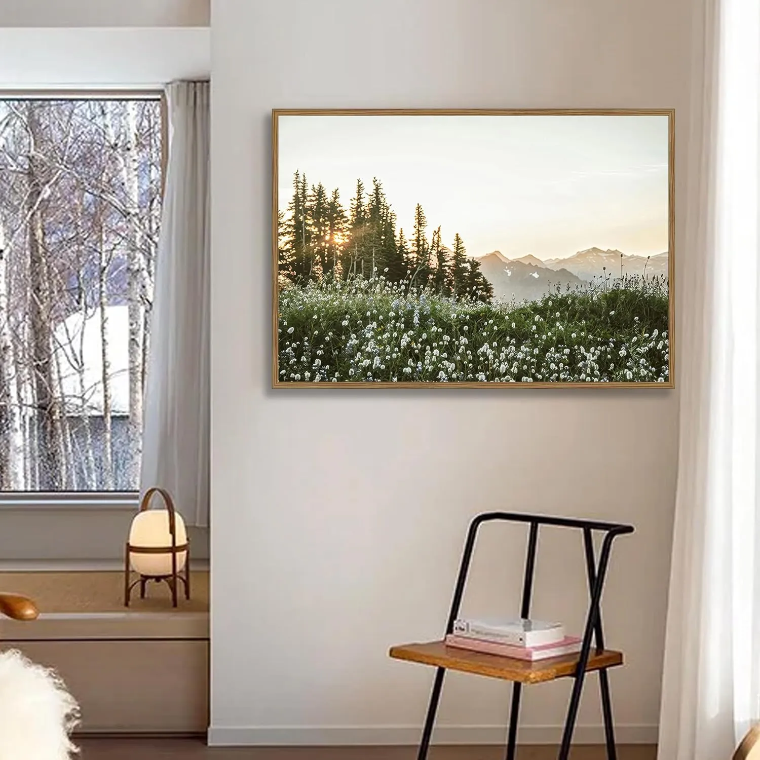Framed Nature Forest Wildflower Wall Art Rustic Landscape Canvas Picture Prints with Botanical Mountain Sunrise Photography Picture for Living Room Bedroom Dining Room Farmhouse Decor16x24Inch