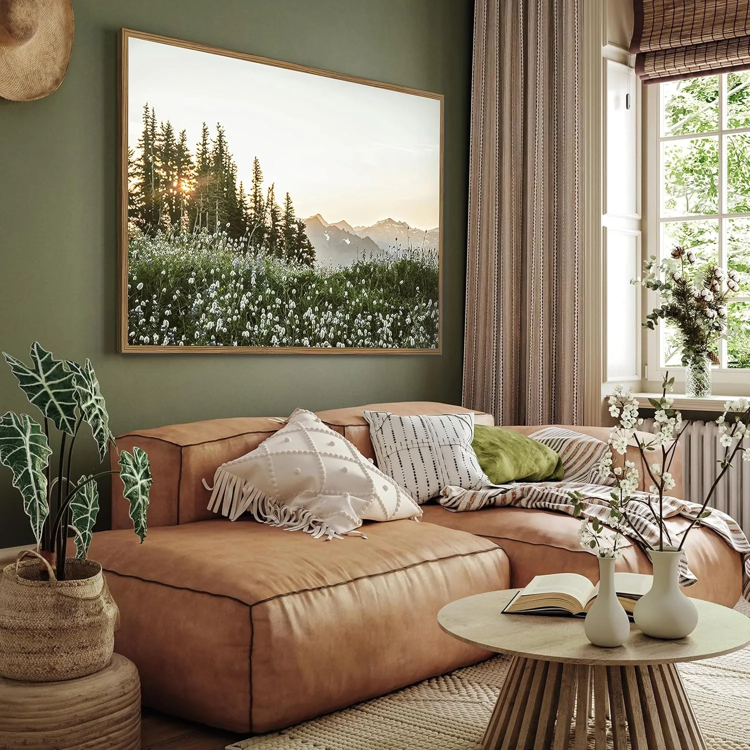Framed Nature Forest Wildflower Wall Art Rustic Landscape Canvas Picture Prints with Botanical Mountain Sunrise Photography Picture for Living Room Bedroom Dining Room Farmhouse Decor16x24Inch