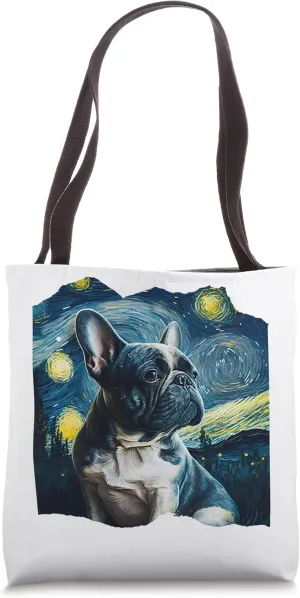 Frenchie Portrait Starry Night Van Gogh Impressionist Style Tote Bag