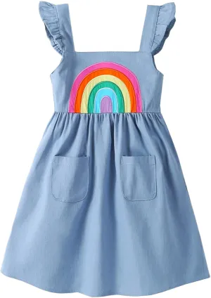 Frogwill Toddler Girls Fifties Summer Dress Blue Rainbow 2-7Y