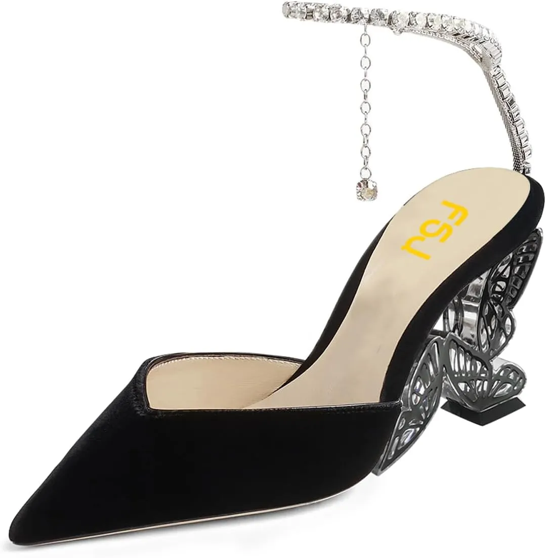 FSJ Women Butterfly Heel Crystal Chain Ankle Strap Heeled Sandals Sexy Pointed Toe Sparkling Rhinestones Holiday Dressy Shoes Size 4-15 US