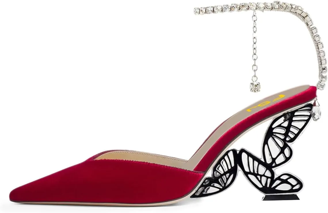 FSJ Women Butterfly Heel Crystal Chain Ankle Strap Heeled Sandals Sexy Pointed Toe Sparkling Rhinestones Holiday Dressy Shoes Size 4-15 US