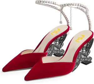 FSJ Women Butterfly Heel Crystal Chain Ankle Strap Heeled Sandals Sexy Pointed Toe Sparkling Rhinestones Holiday Dressy Shoes Size 4-15 US